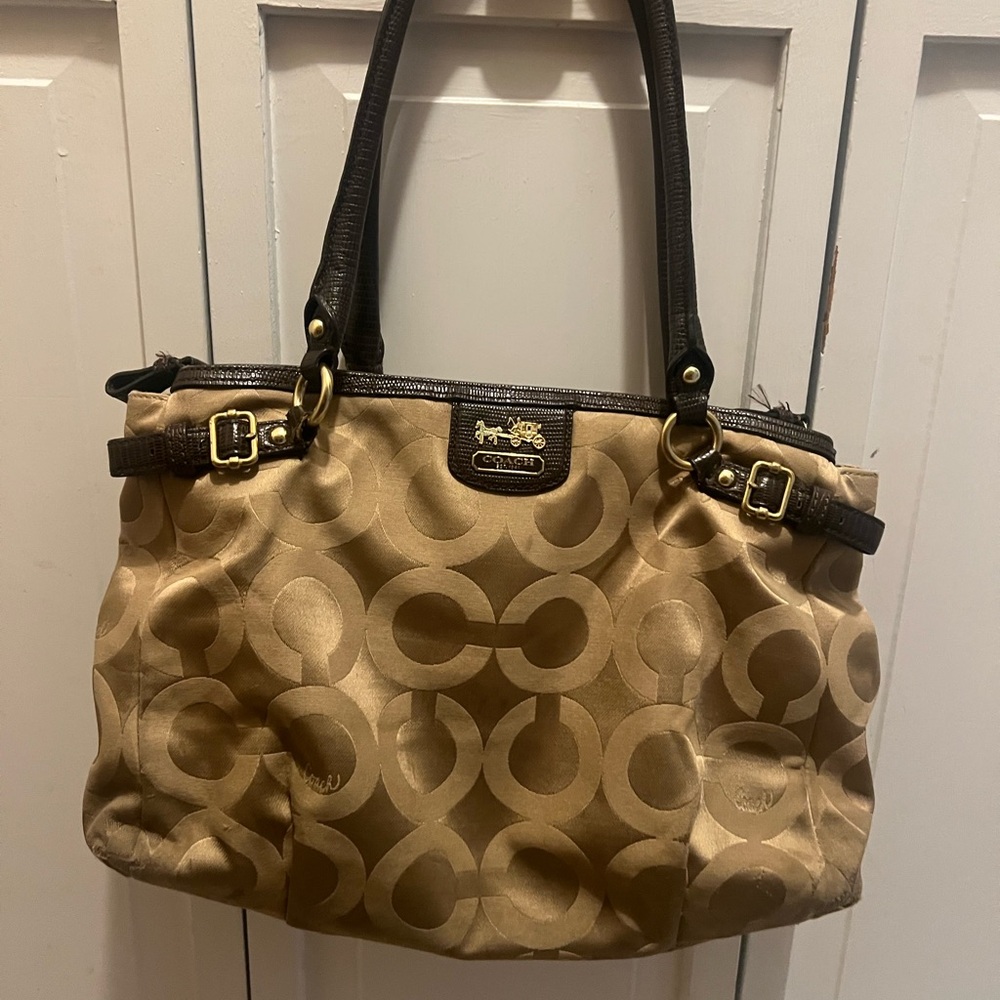 Coach Tan and Brown Signature Shoulder Bag